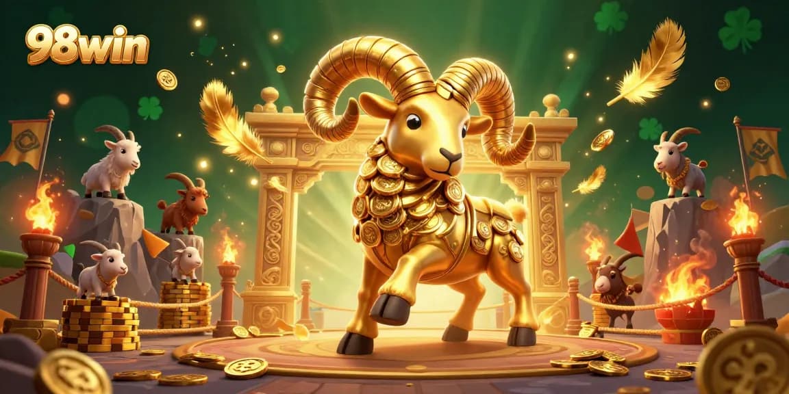 Experience the thrill of betting with 98win as a golden ram charges through a vibrant casino.