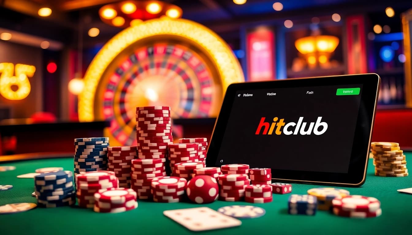 Hitclub gaming table with vibrant poker chips and illuminated roulette wheel, showcasing excitement.
