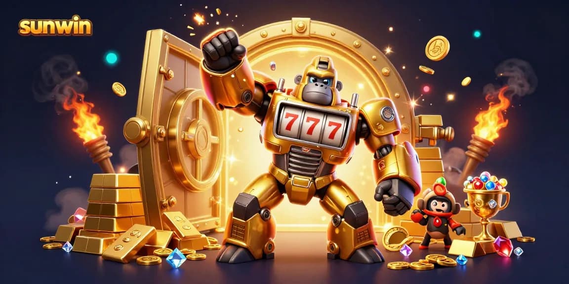 Experience the excitement of sunwin with a thrilling golden gorilla mech surrounded by casino treasures.