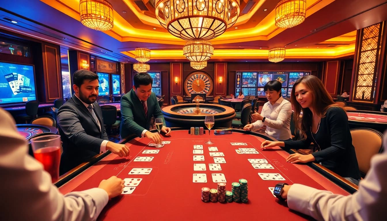 Cách bắt cầu Baccarat AU88 strategy in a vibrant casino scene with players at a Baccarat table.