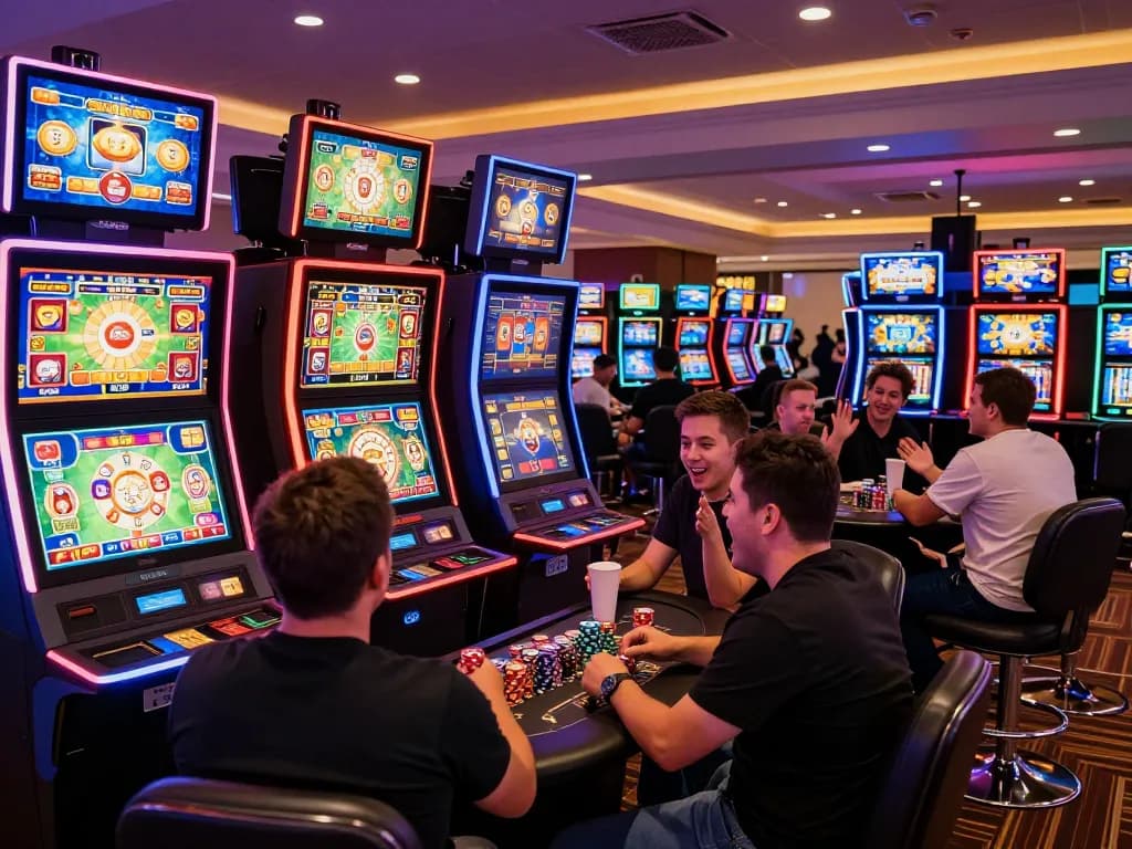 Engaged players at bustling casino showcasing dynamic gameplay on slot machines and vibrant visual displays, highlighting excitement around 888bgo.