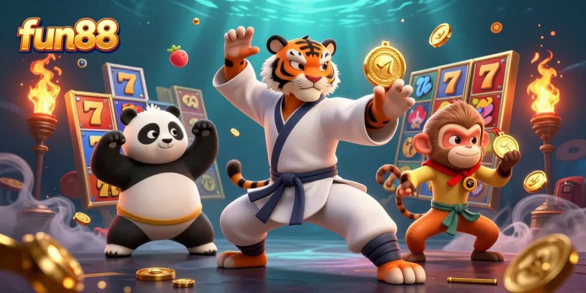 Play fun88 slots with joy as the kung fu tiger guides you to win rich jackpots in a vibrant scene.