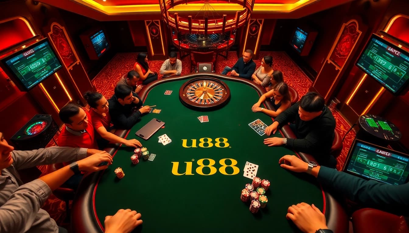 u88 players engaging at a luxurious poker table surrounded by vibrant chips and cards.