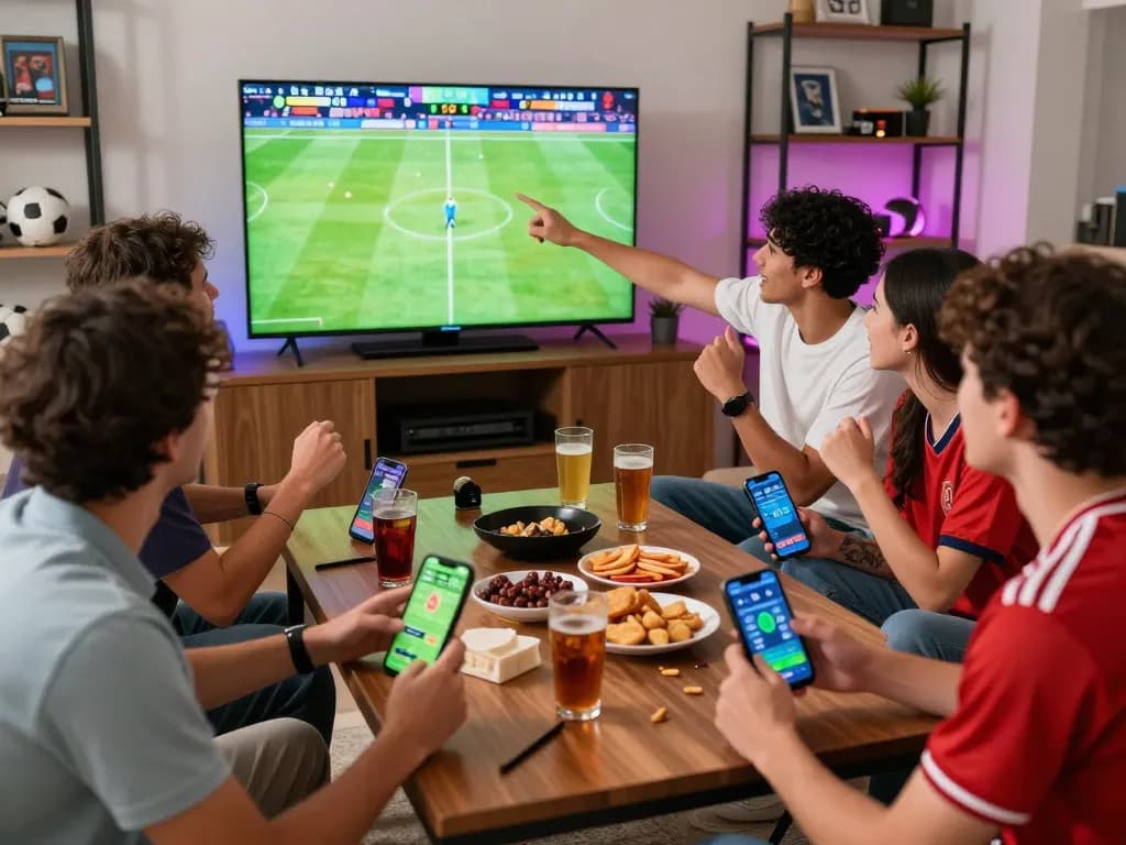 Friends enjoying kèo bóng đá betting during a live soccer game, cheering and celebrating in a lively atmosphere.