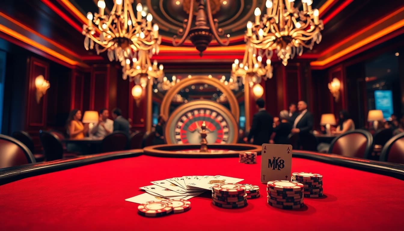 Engaged players at a luxurious casino poker table with MK8-themed cards.