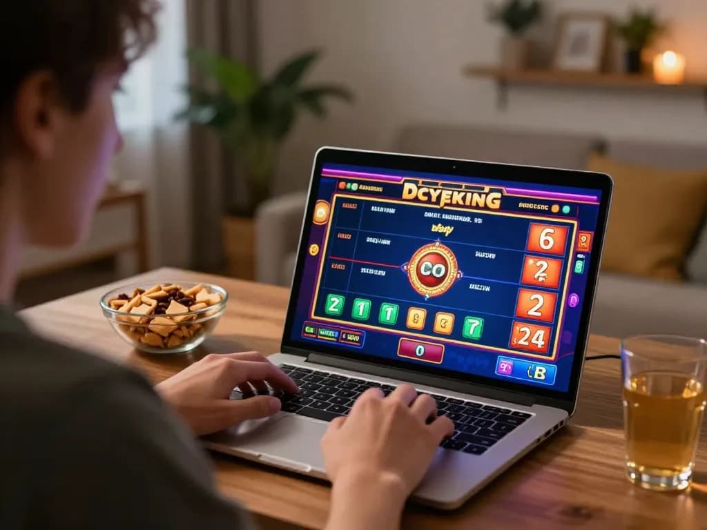 Engaging in online gambling with lc88 game interface, showcasing strategic betting analysis and cozy home atmosphere