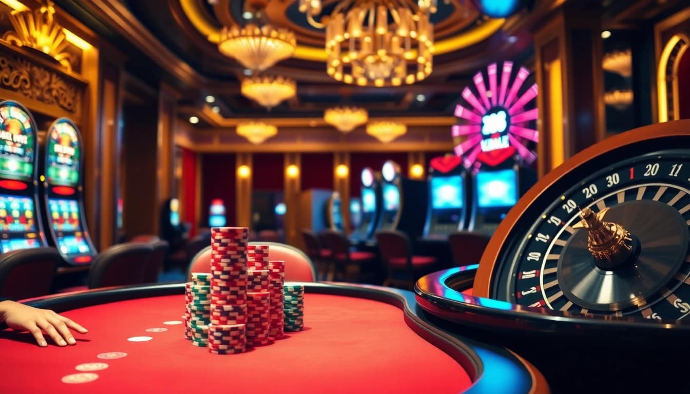 Experience luxury gaming at https://xx88.day/ with an exciting poker table and vibrant slot machines.