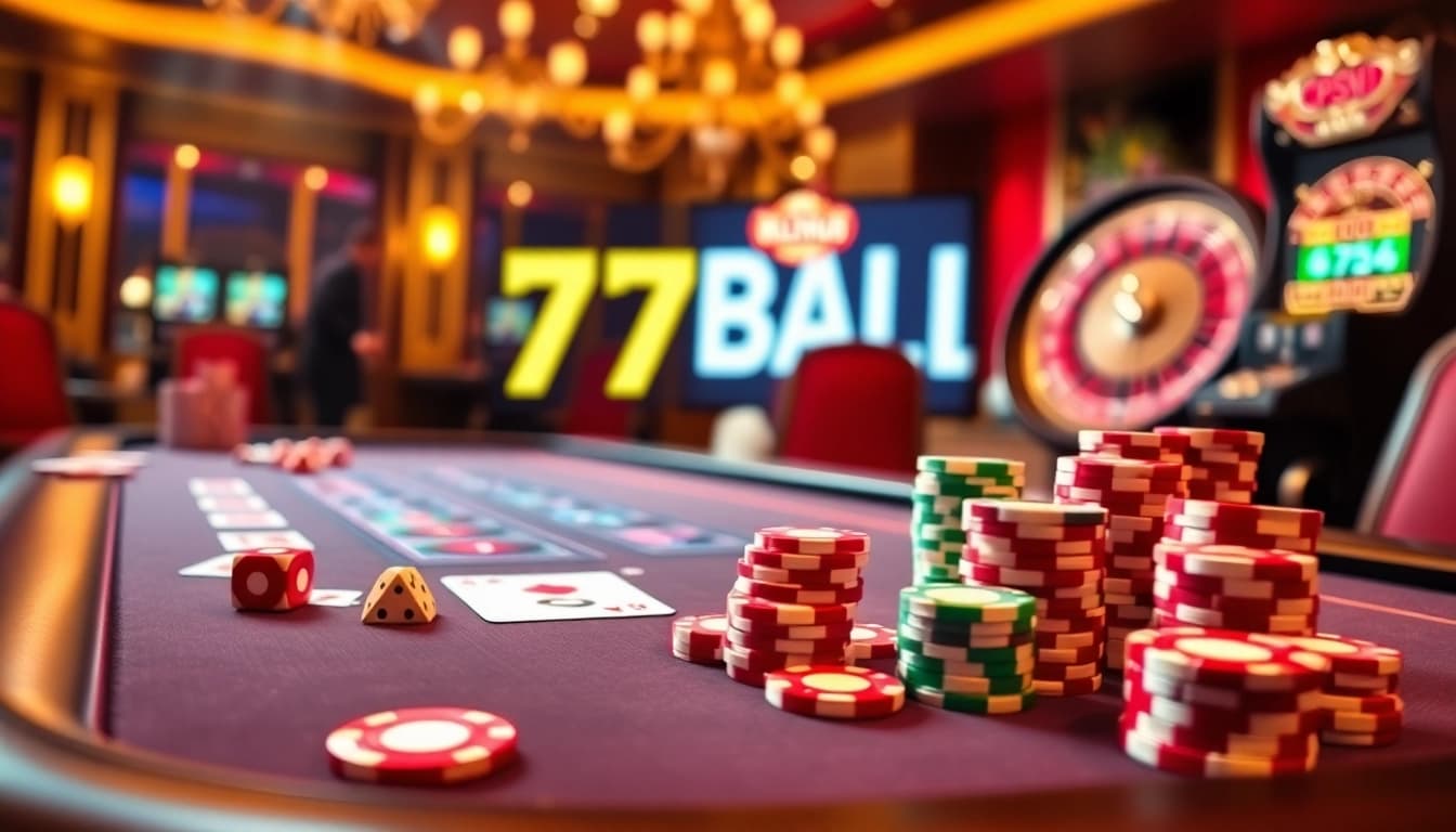 Experience thrilling gameplay at 77BALL with dynamic poker chips and vibrant casino tables.
