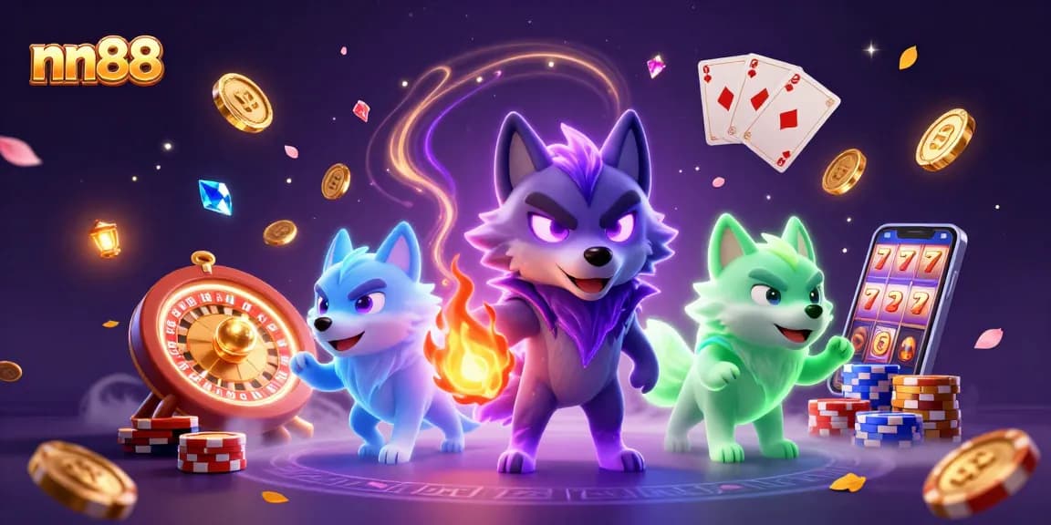 Win big at nn88 with glowing wolves in a mystical casino scene filled with coins and games.