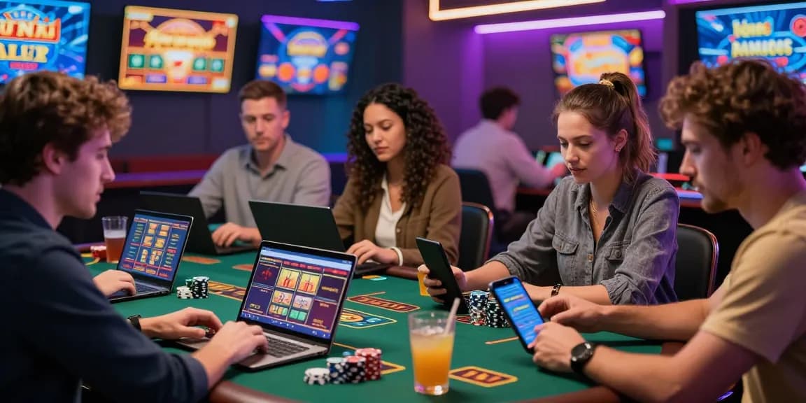 Online credit card casino gaming scene from https://jumpspace.org.uk, featuring players engaged with casino games in a lively atmosphere.