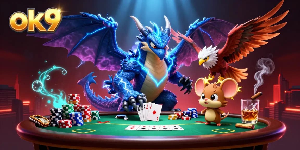 Place your bets with ok9 at an electrifying poker showdown featuring vibrant animated creatures and dynamic casino elements.