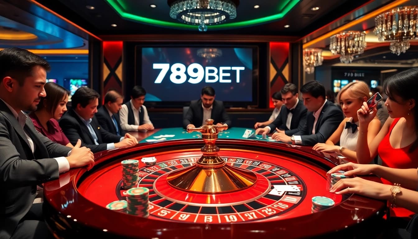 Experience high-stakes gaming at 789BET's glamorous casino setting with roulette and vibrant chips.