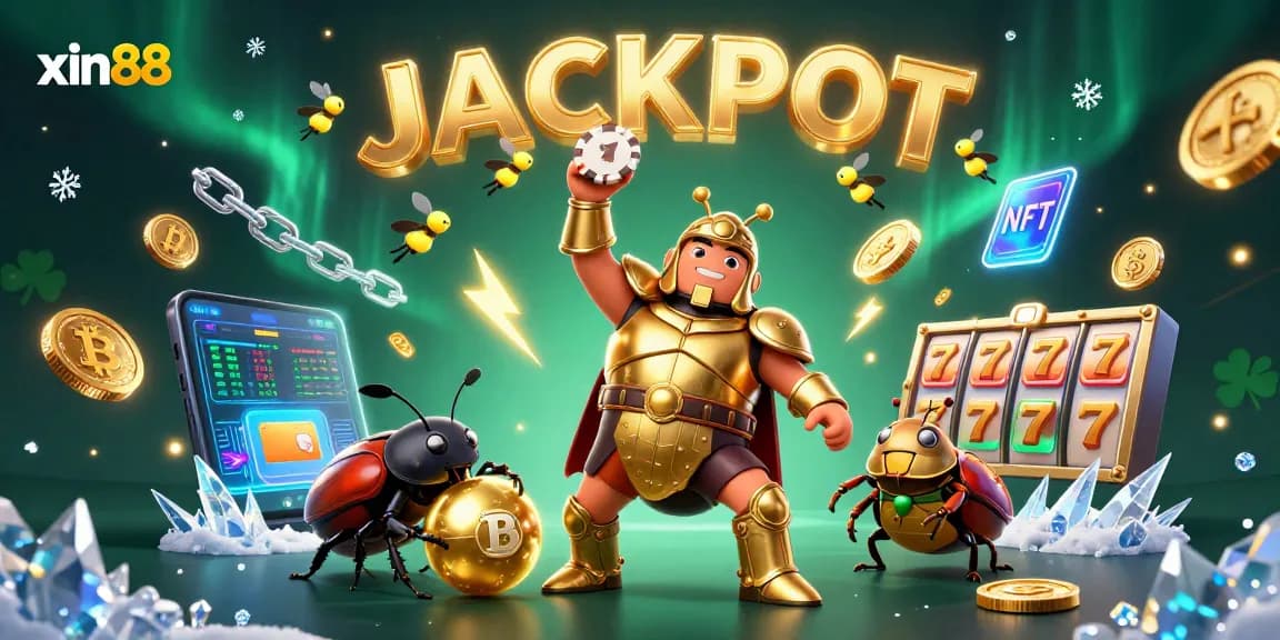 Join the excitement at xin88 with a 3D beetle champion lifting a poker chip under glowing jackpot lights!