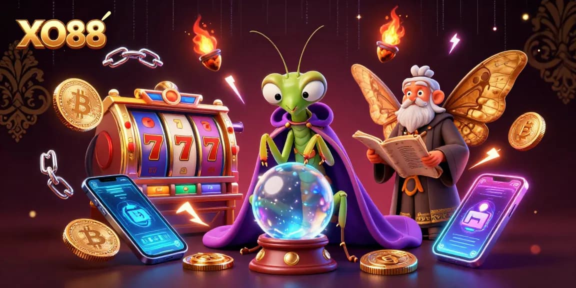 Engage with XO88's vibrant casino world featuring mystical fortune tellers and colorful slot reels.