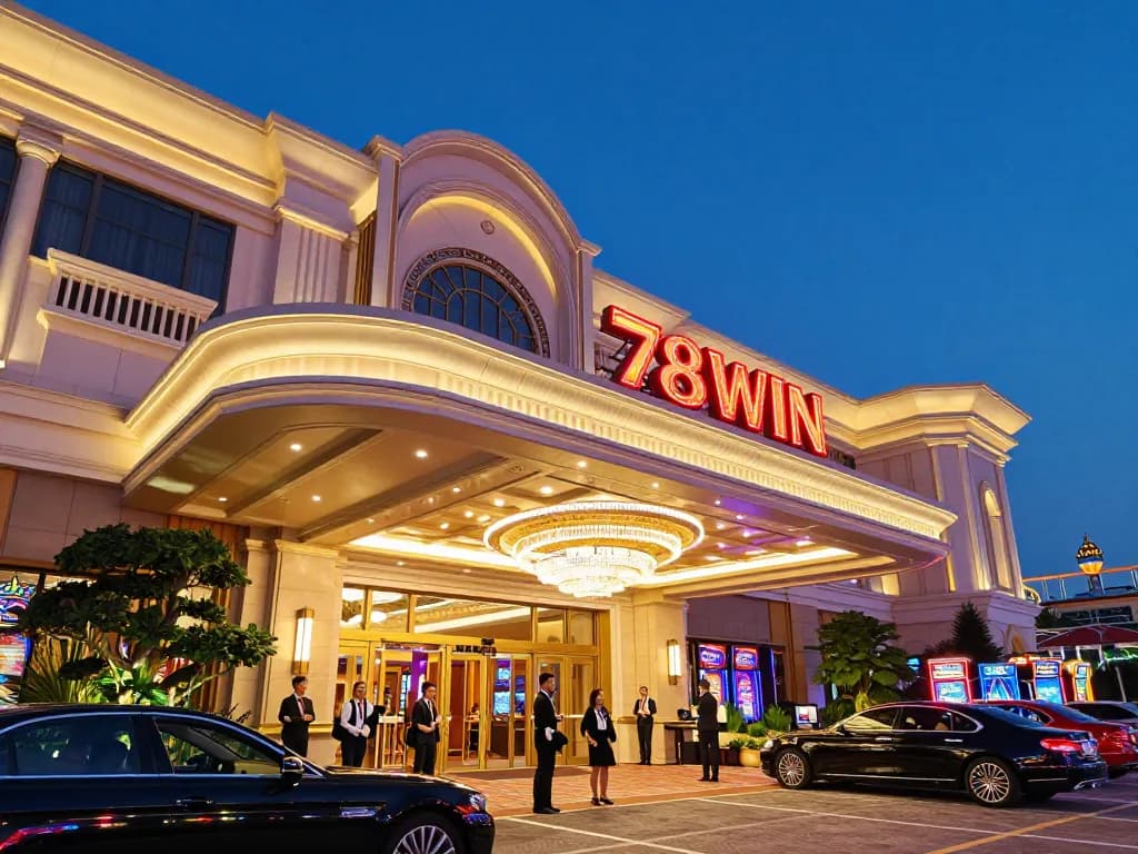 Players excitedly entering 78WIN casino with vibrant neon lights and luxury atmosphere.