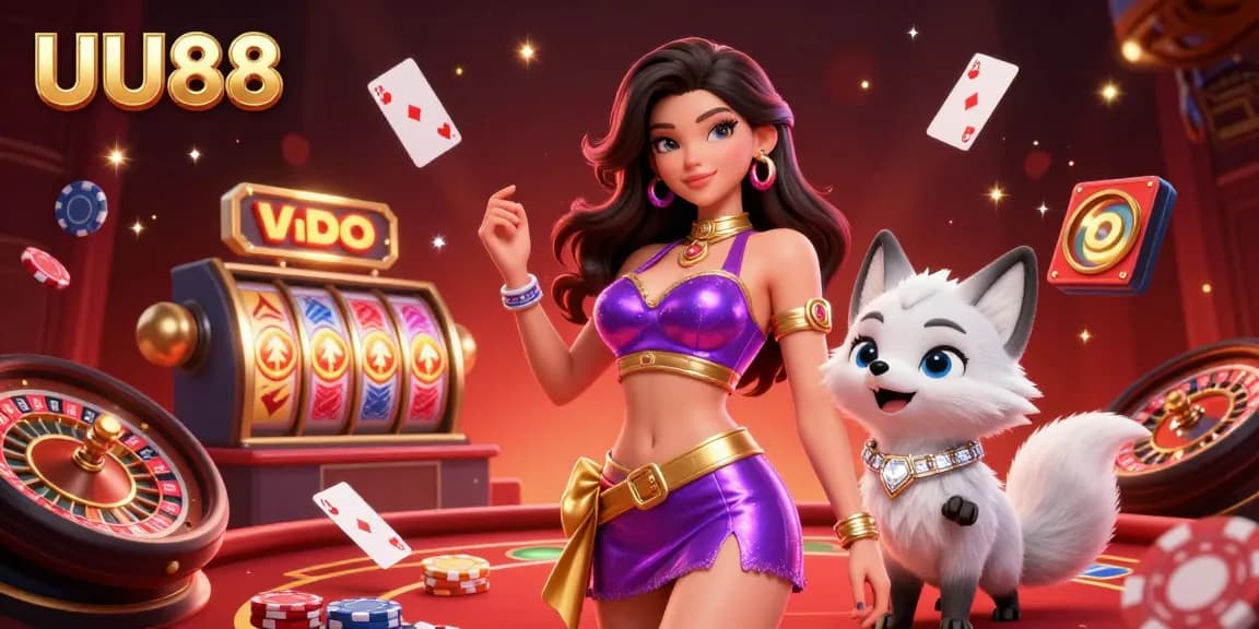 Engage with thrilling games at UU88 featuring vibrant illustrations of an arctic fox and a stunning woman amidst floating cards and jackpot elements.