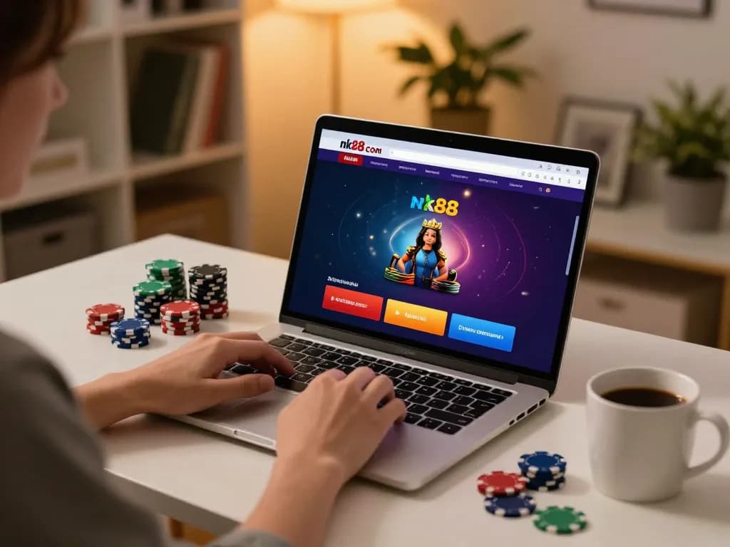 Engaging with the nk88 com online casino on a laptop at home, with poker chips and coffee