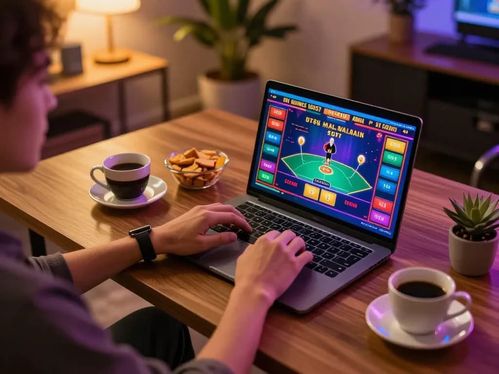 Engaging in online gaming on EU9 Malaysia with vibrant game visuals and cozy home setup.