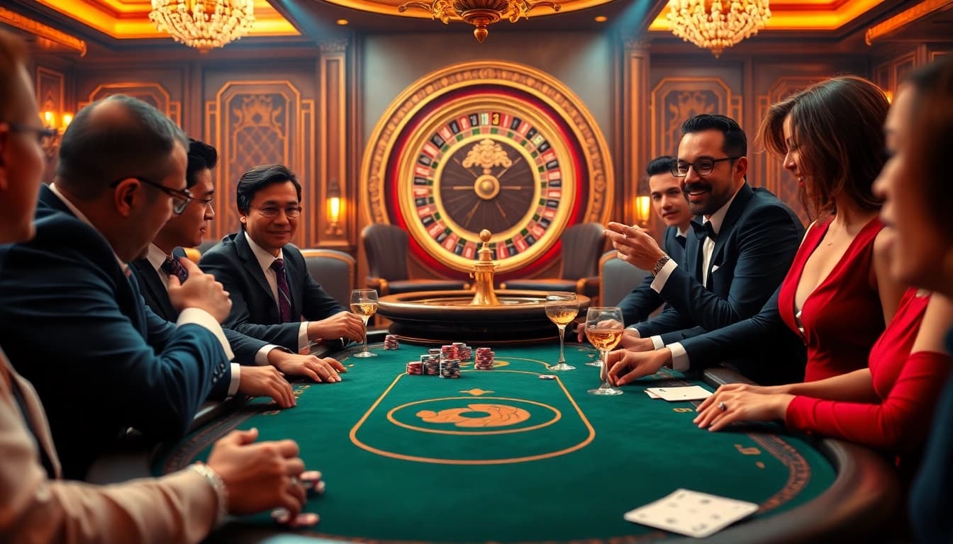 A lively casino atmosphere capturing the essence of the bdtk66 blog, featuring engaged poker players and a classic roulette wheel.