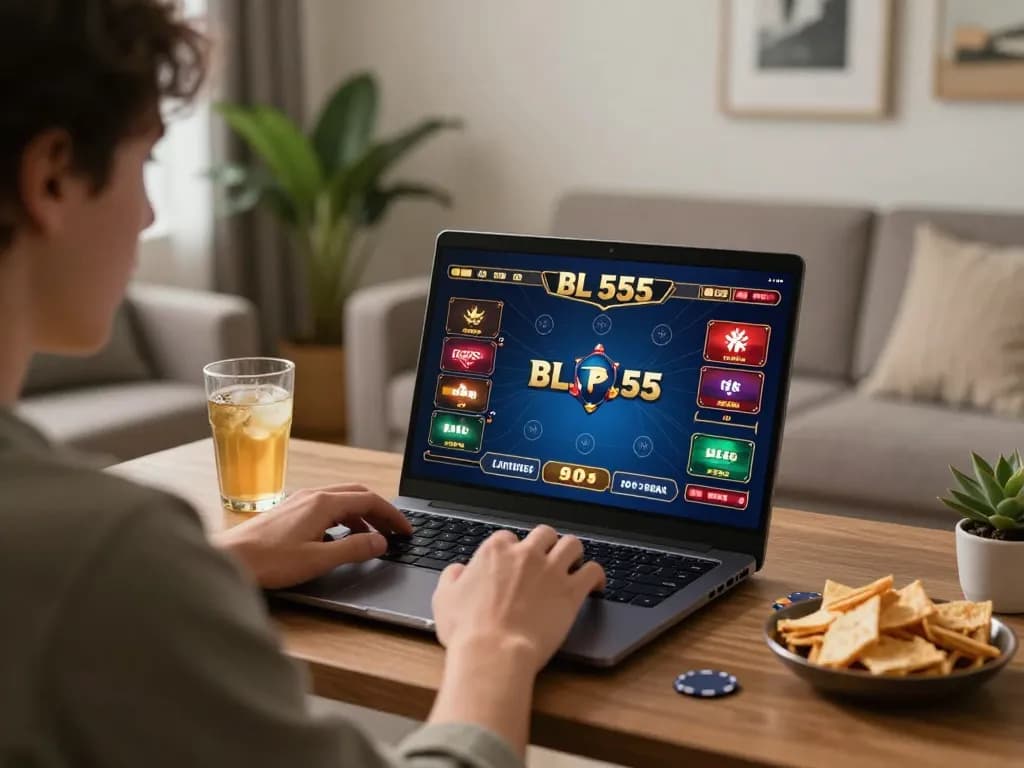 Engaged player using BL 555 platform for online gaming at home, showcasing casino strategy
