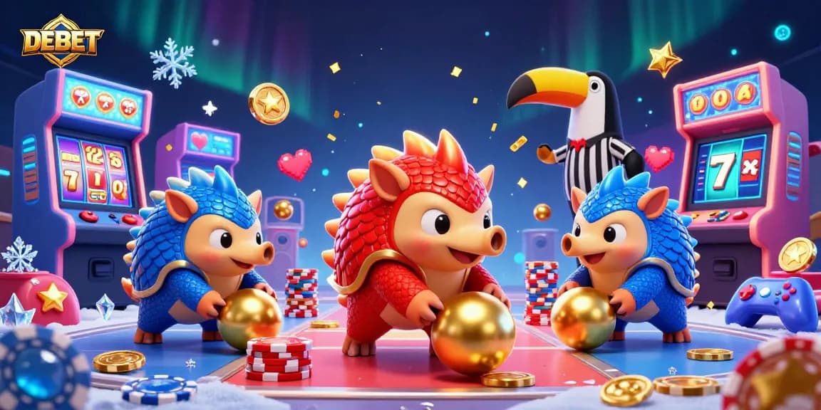 Engage in the DEBET casino world with rival pangolins battling over golden chips and treasures.