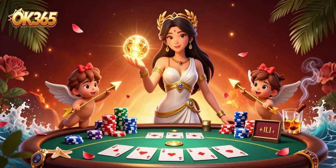 Play exciting poker at OK365 with a stunning Grecian goddess and playful Cupid cherubs.