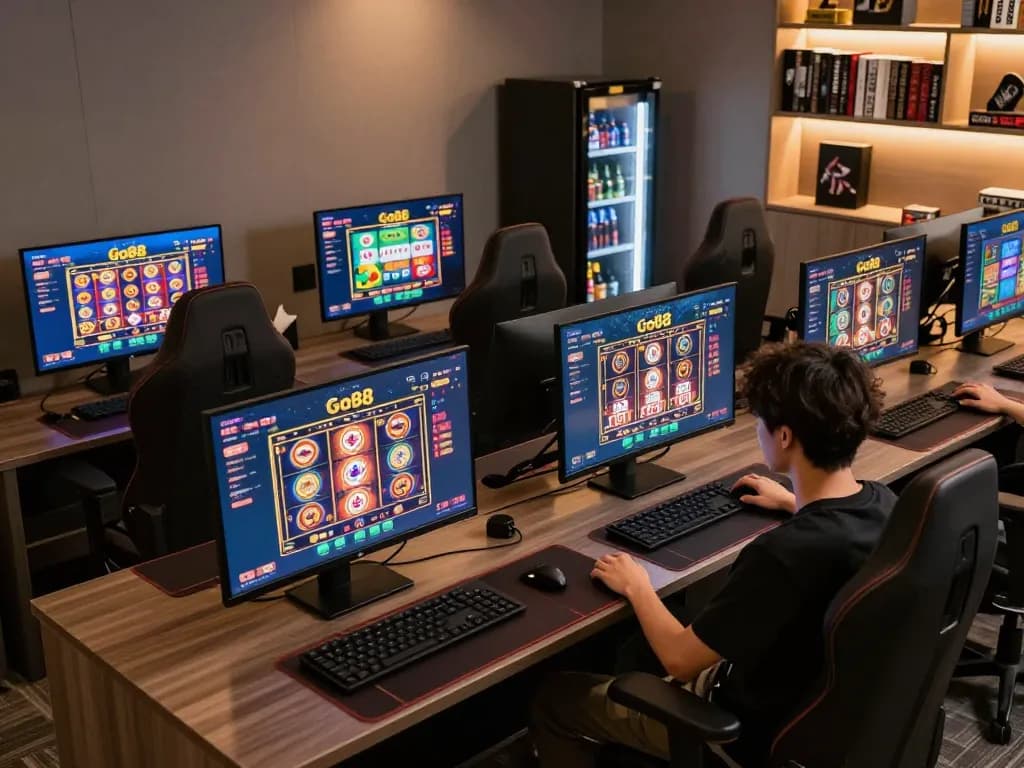 Engaging gameplay on Go88's online casino platform showcasing a modern gaming setup with vibrant graphics and warm lighting