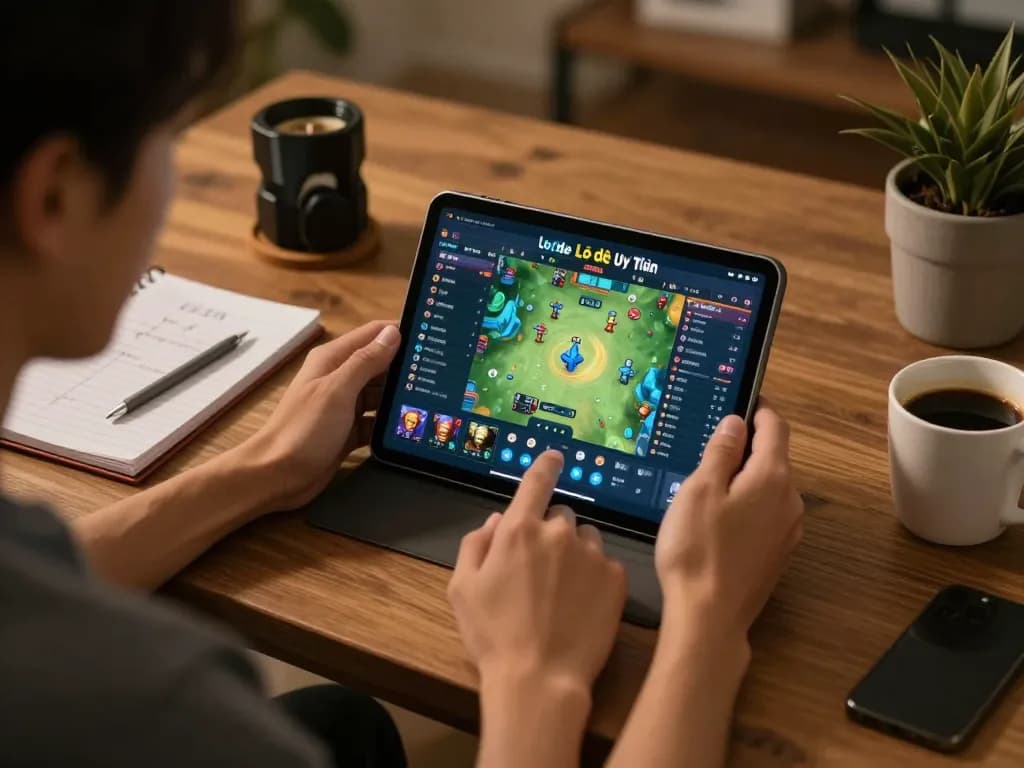A player engaging with Lô Đề Uy Tín online betting app on a tablet in a cozy home setting.