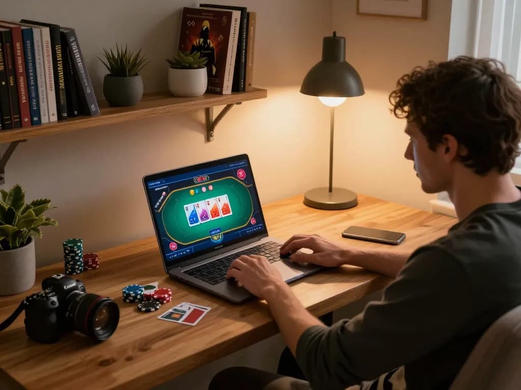 Engaging in online poker gaming at home with hitclub strategy notes visible