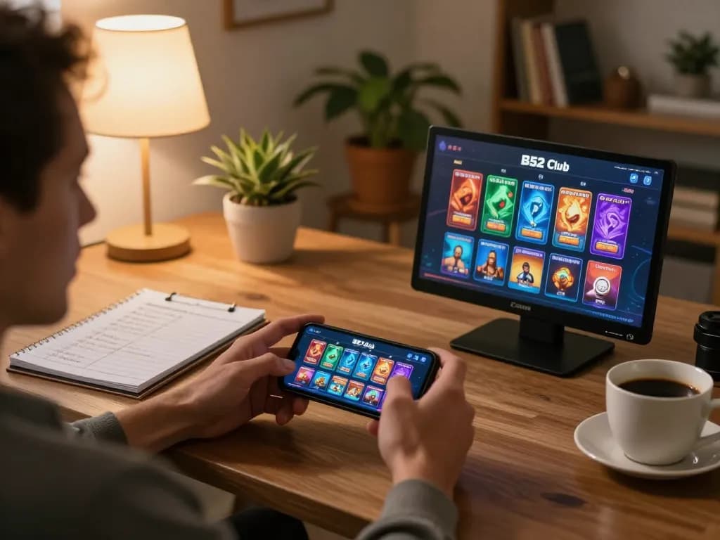 B52 Club mobile gaming scene with a player strategizing betting options at home