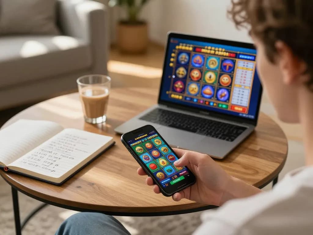 Playing mobile casino games at home with LV88F app on smartphone, warm cozy setting.
