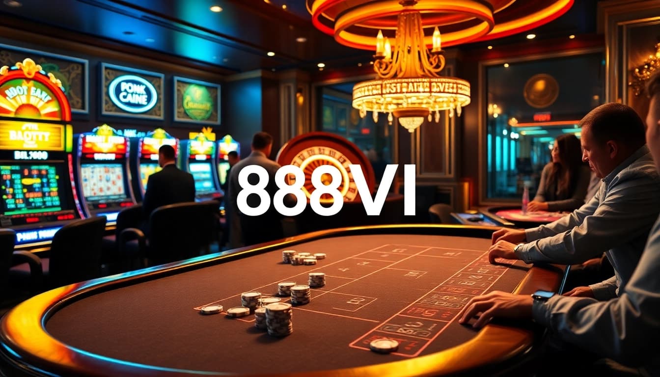 Experience the thrill of 888VI with players at a luxurious casino table and vibrant slot machines.