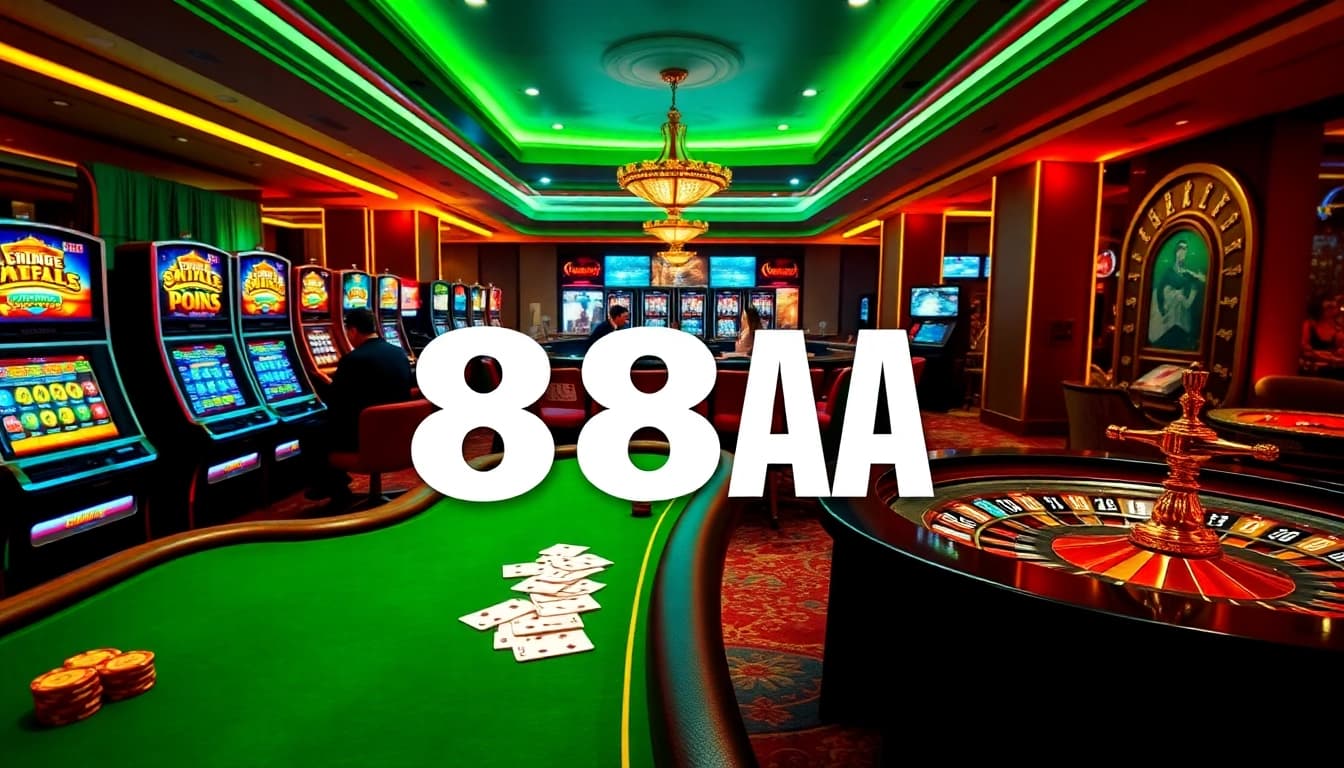 Experience the thrill of 88AA gaming with lively casino scenes and vibrant slot machines.