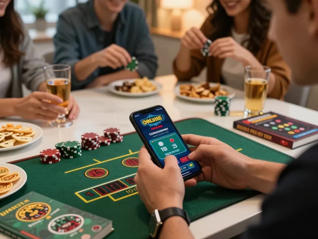 Sv368 user placing bets on a mobile app during a lively home gathering.