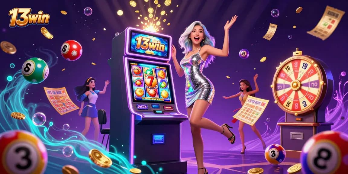 Win big with 13win at the exciting online casino, featuring a celebratory jackpot scene.