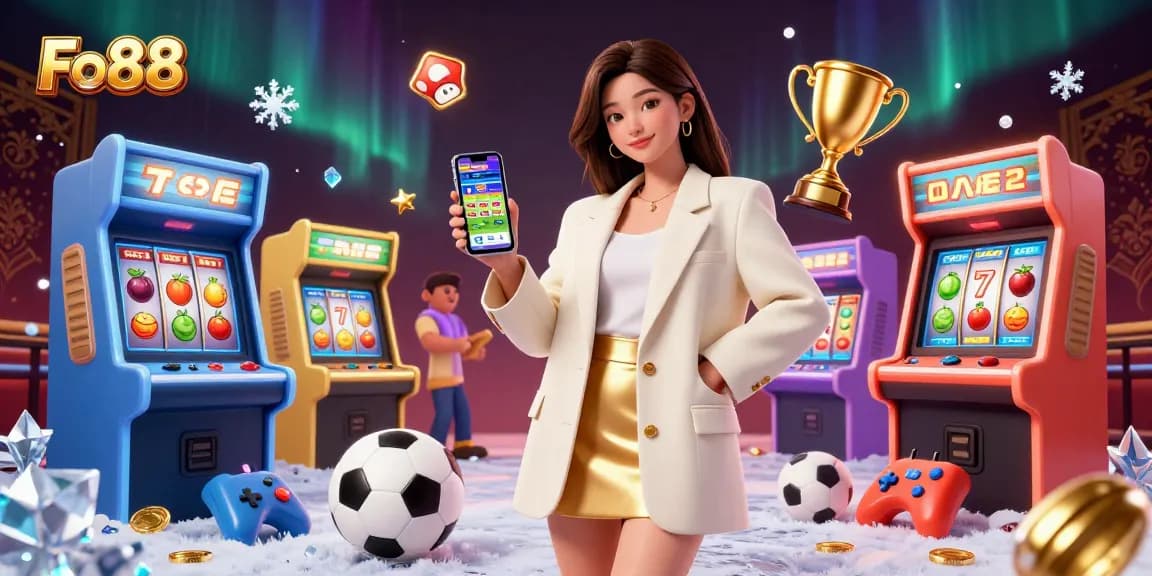 Fo88 sports betting app showcased by a friendly Asian woman in a vibrant casino setting.