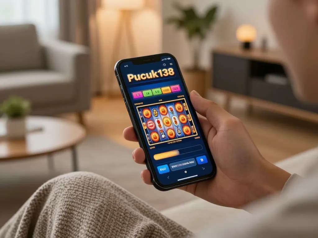 Engaging with the pucuk138 mobile casino app on a smartphone while relaxing at home.