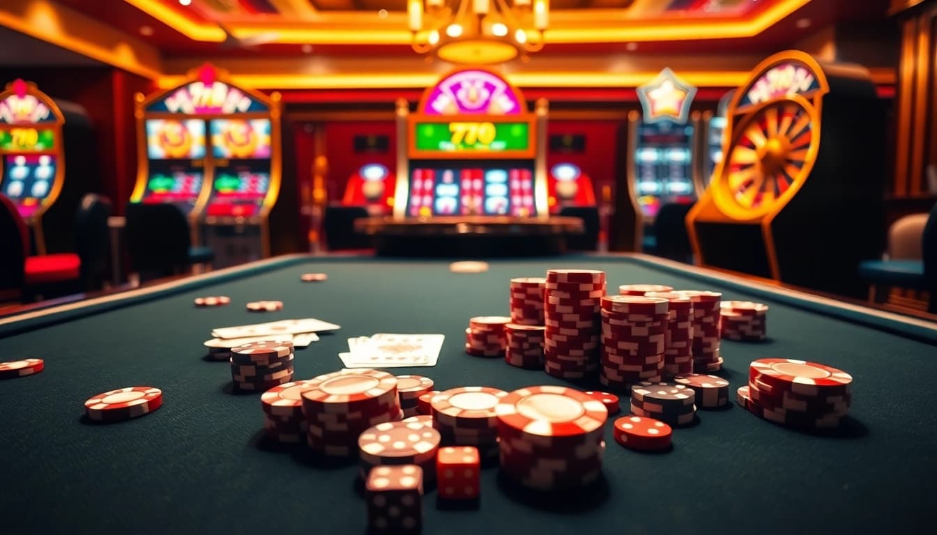 Experience a thrilling 777X game with casino tables, cards, and vibrant slot machines.