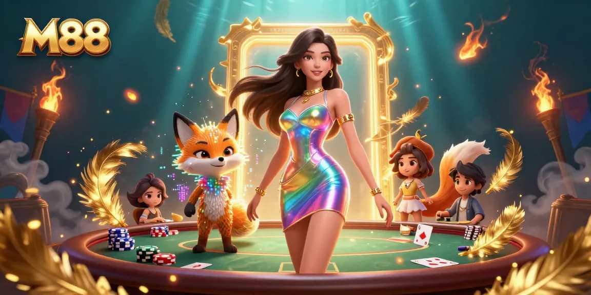 M88 showcases an exciting gambling scene with a vibrant character and engaging poker gameplay.
