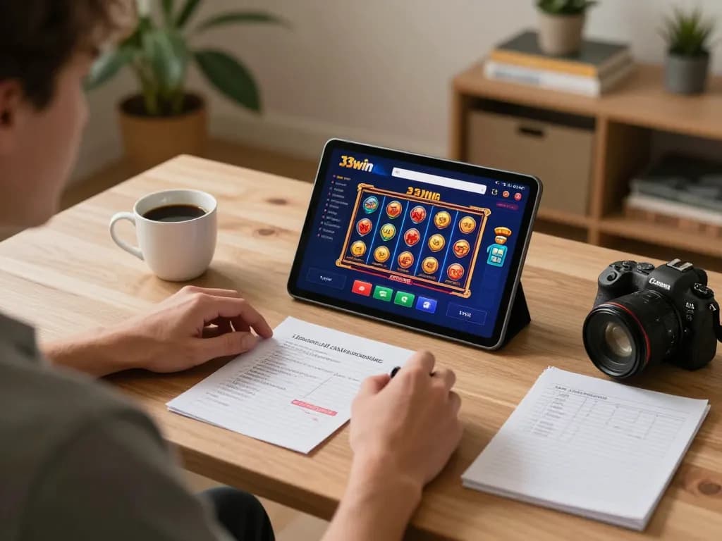 Player enjoying 33win casino games on a tablet, showcasing engaging home gaming environment.