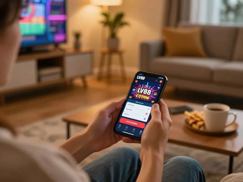 Engaging with the LV88 casino app in a cozy living room setting, emphasizing responsible gaming.