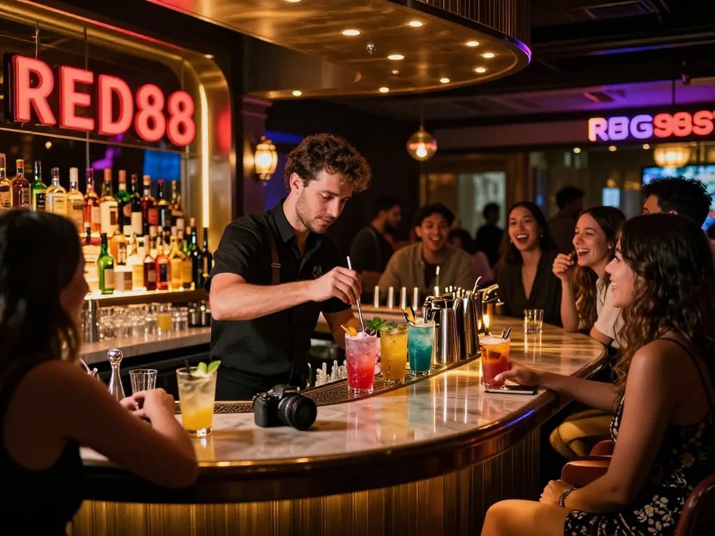 Vibrant nightlife scene at RED88 cocktail bar with mixologist crafting drinks
