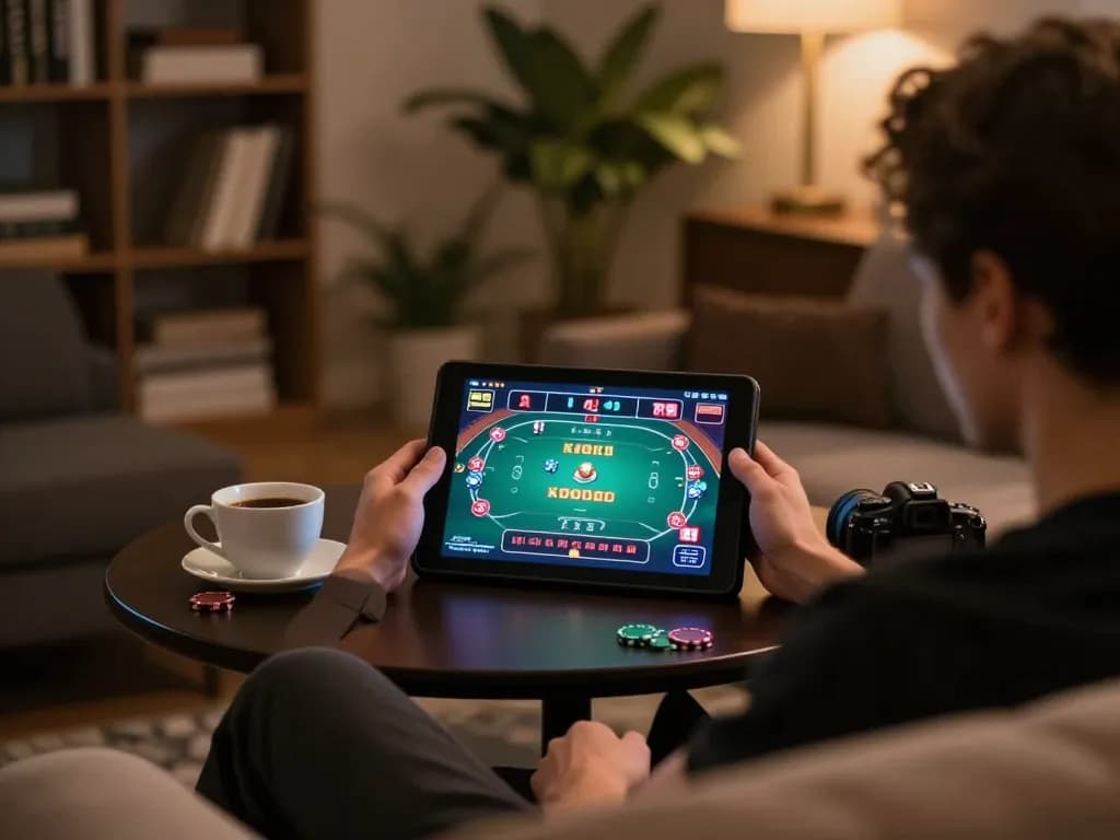 Engaged player on hay88x enjoying online poker game on tablet in cozy home.