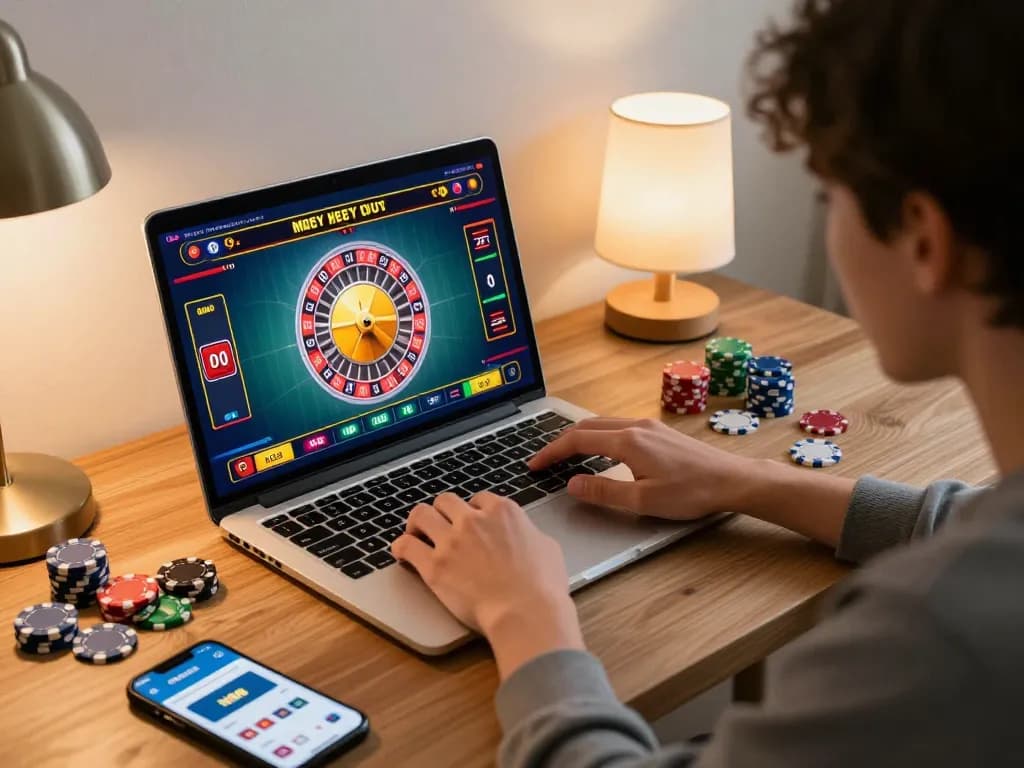 Player engaging in HB88 online roulette game with laptop and smartphone, showcasing responsible gaming.