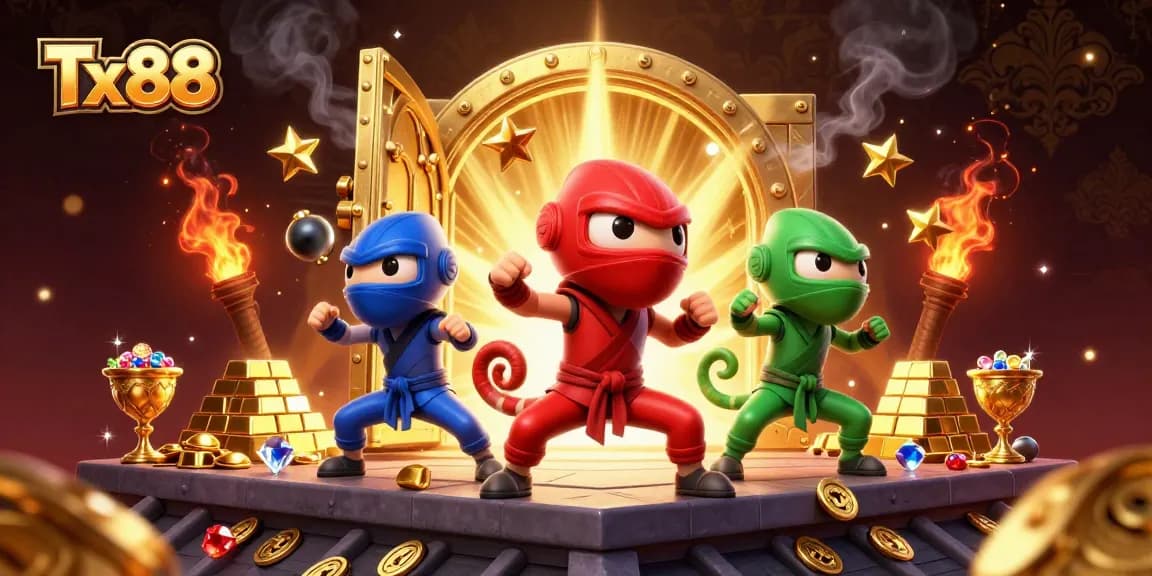 Join the action at Tx88 with ninja chameleons showcasing thrilling casino moves amid vault treasures.