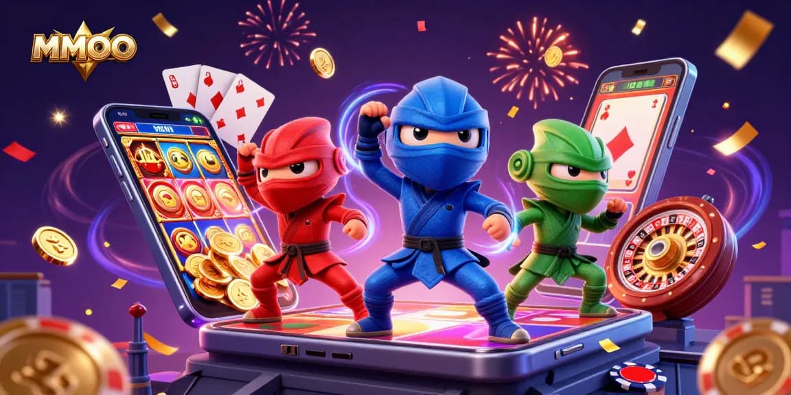 MMOO chameleon ninjas showcase thrilling slot gaming action with coins and cards in a vibrant casino scene.