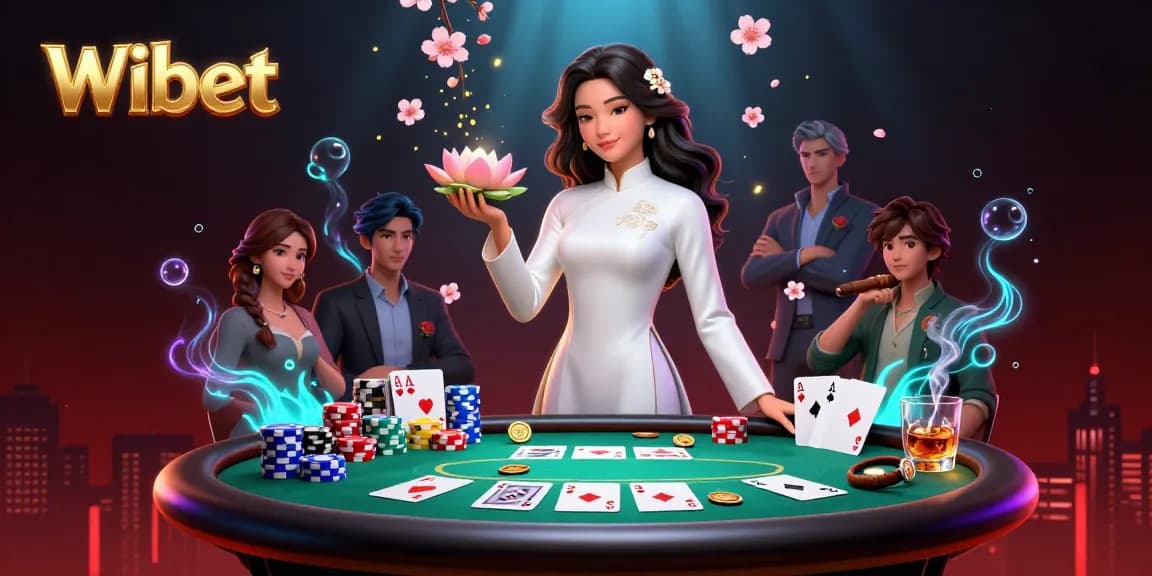 Wibet engages gamblers with a vibrant poker scene featuring an elegant character and dynamic betting elements.