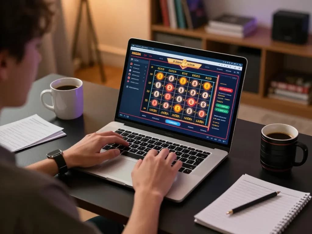 Memainkan slot gacor hari ini secara online dengan pengaturan yang menarik menampilkan catatan strategi dan pencahayaan hangat.