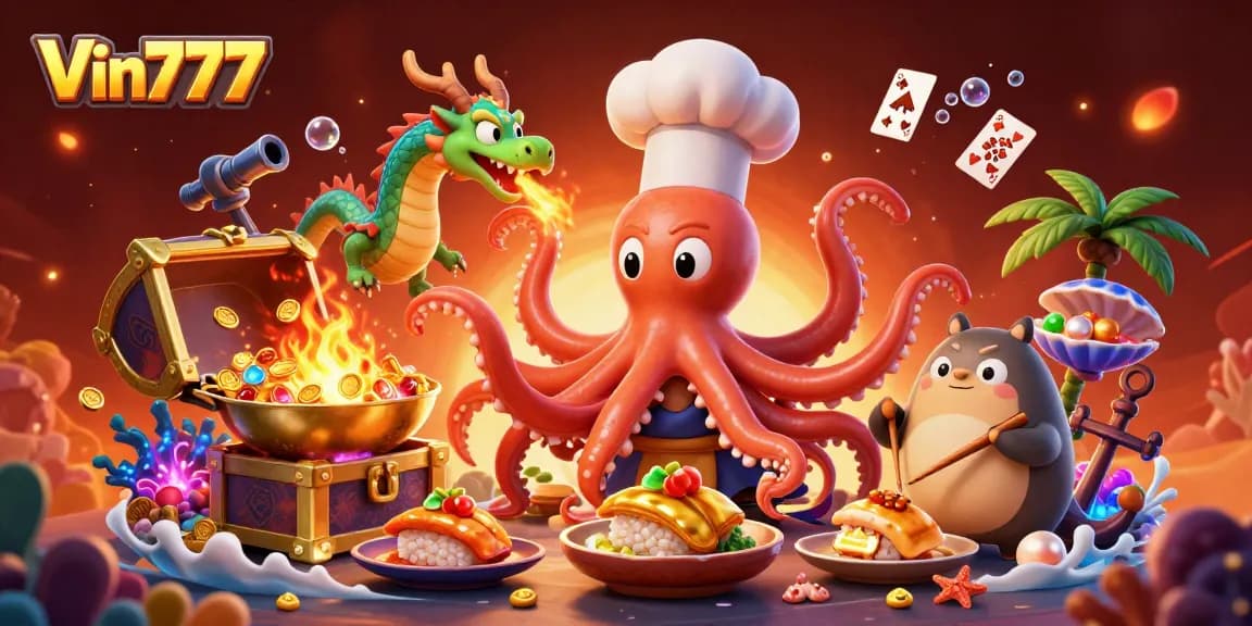 Win big with Vin777 in a vibrant casino scene featuring our octopus chef, dragon, and tanuki!
