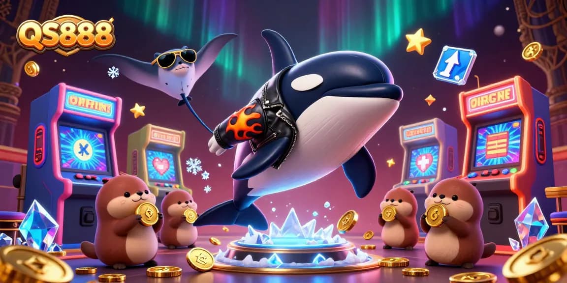 QS888 offers thrilling online gaming experiences with cartoon whale, stingray, and otters in a vibrant casino scene.
